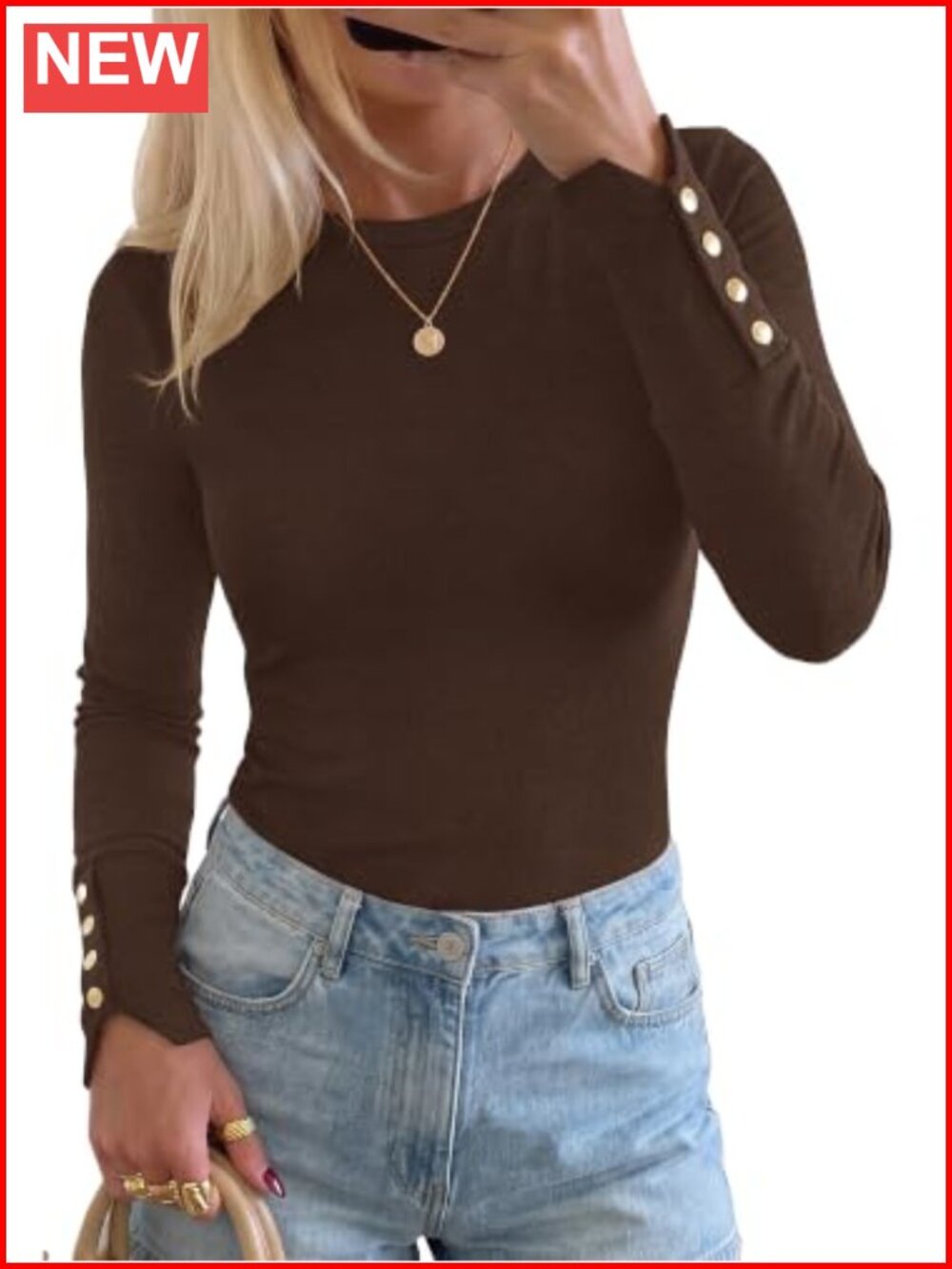 Women's Long Sleeve Slim Fit Crewneck T-Shirt with Split Cuffs & Button Decor